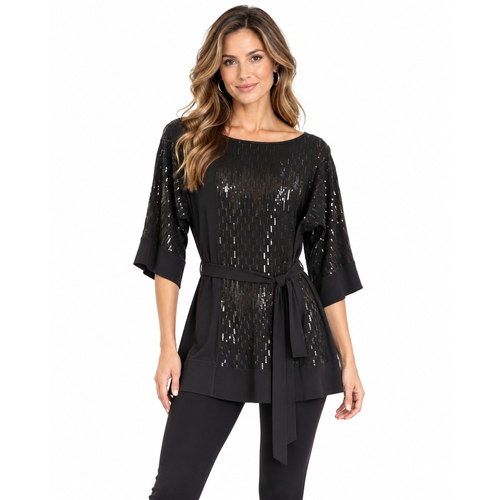 Eva Varro Black Sequin Belted Tunic Top Boat Neck 3/4 Sleeve Handcrafted M NWT